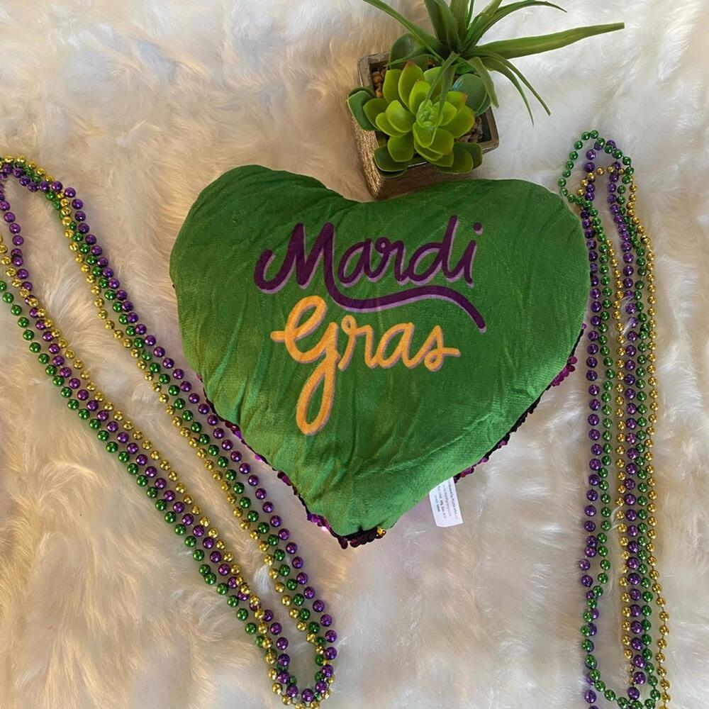 Heart-Shaped Mardi Gras Sequin Reversible Pillow